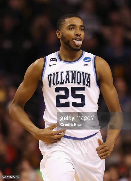 Mikal Bridges of the Villanova Wildcats reacts during the second half against the West Virginia Mountaineers in the 2018 NCAA Men's Basketball...