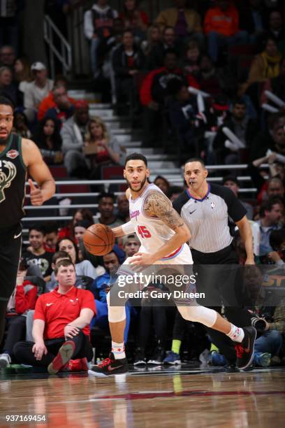 Denzel Valentine of the Chicago Bulls handles the ball against the Milwaukee Bucks on March 23, 2018 at the United Center in Chicago, Illinois. NOTE...