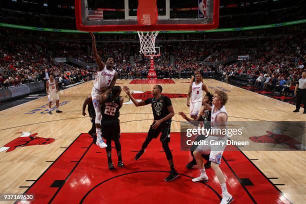 Justin Holiday of the Chicago Bulls shoots the ball against the Milwaukee Bucks on March 23, 2018 at the United Center in Chicago, Illinois. NOTE TO...