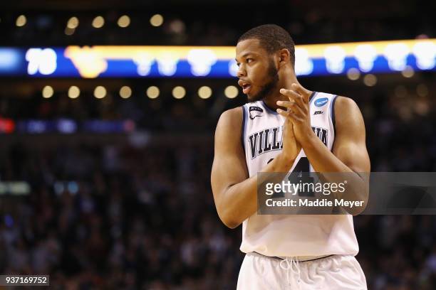 Omari Spellman of the Villanova Wildcats reacts at the end of the second half against the West Virginia Mountaineers in the 2018 NCAA Men's...