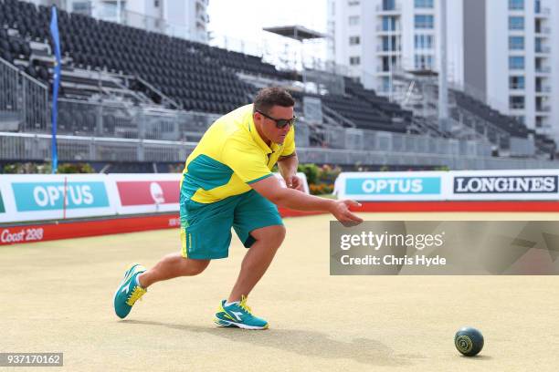 Aron Sherriff of Australia bowls during the Lawn Bowls Showcase ahead of the 2018 Gold Coast Commonwealth Games at Broadbeach Bowls Club on March 24,...