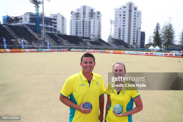Aron Sherriff and Kelsey Cottrell of Australia pose during the Lawn Bowls Showcase ahead of the 2018 Gold Coast Commonwealth Games at Broadbeach...