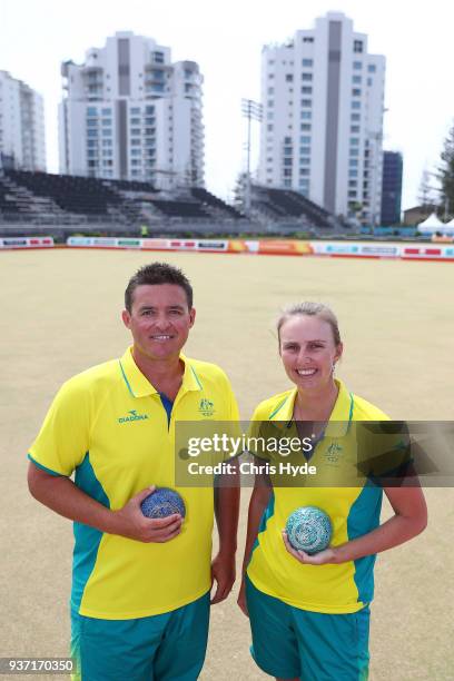 Aron Sherriff and Kelsey Cottrell of Australia pose during the Lawn Bowls Showcase ahead of the 2018 Gold Coast Commonwealth Games at Broadbeach...