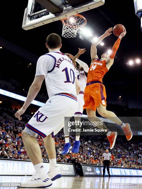 David Skara of the Clemson Tigers attempts a shot against the Kansas Jayhawks during the second half in the 2018 NCAA Men's Basketball Tournament...