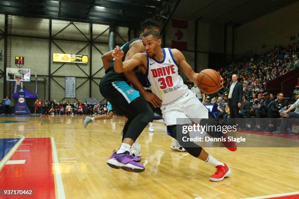 Jamel Morris of the Grand Rapids Drive jocks for a position during the game against the Greensboro Swarm at the DeltaPlex Arena on March 23, 2018 in...