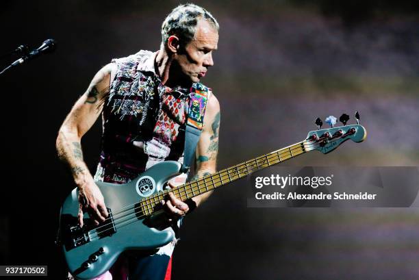 Flea of Red Hot Chili Peppers performs during the Lollapaloosa Sao Paulo 2018 - Day 1 on March 23, 2018 in Sao Paulo, Brazil.
