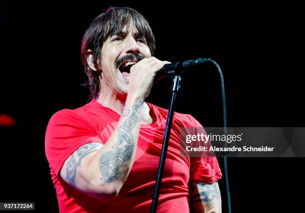 Anthony Kiedis singer of Red Hot Chili Peppers performs during the Lollapaloosa Sao Paulo 2018 - Day 1 on March 23, 2018 in Sao Paulo, Brazil.