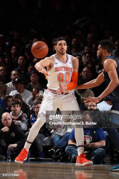 Enes Kanter of the New York Knicks passes the ball against the Minnesota Timberwolves March 23, 2018 at Madison Square Garden in New York City, New...