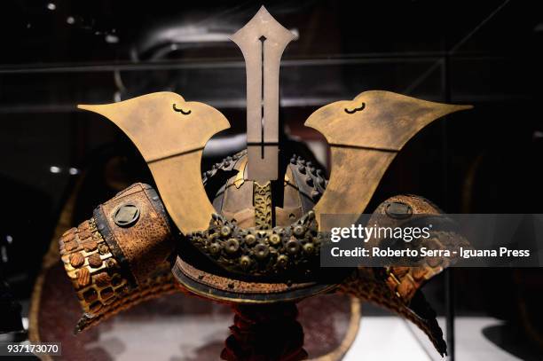Helmet of a samurai insert in the Arthemisia's exhibition "Japan" at Palazzo Albergati on March 23, 2018 in Bologna, Italy.