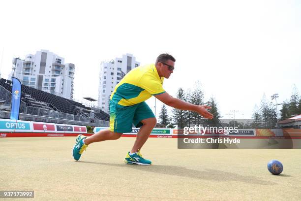 Aron Sherriff of Australia bowls during the Lawn Bowls Showcase ahead of the 2018 Gold Coast Commonwealth Games at Broadbeach Bowls Club on March 24,...