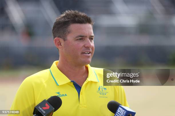 Aron Sherriff of Australia speaks to media during the Lawn Bowls Showcase ahead of the 2018 Gold Coast Commonwealth Games at Broadbeach Bowls Club on...