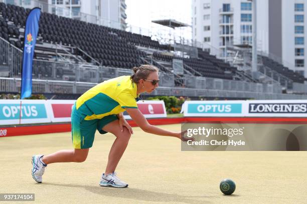 Kelsey Cottrell of Australia bowls during the Lawn Bowls Showcase ahead of the 2018 Gold Coast Commonwealth Games at Broadbeach Bowls Club on March...