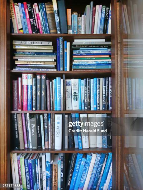 antique french bookcase holding a library collection of fine art books. - reliures photos et images de collection