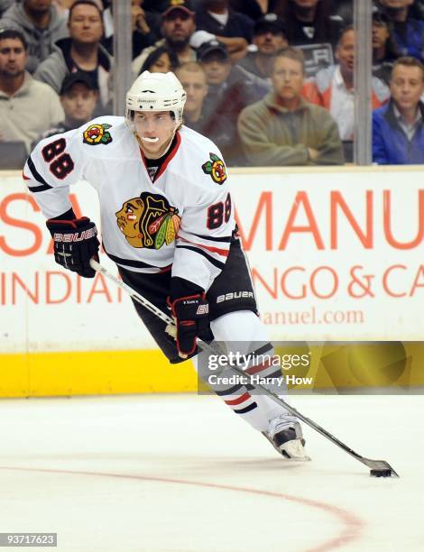 Patrick Kane of the Chicago Black Hawks breaks in against the Los Angeles Kings at the Staples Center on November 28, 2009 in Los Angeles, California.