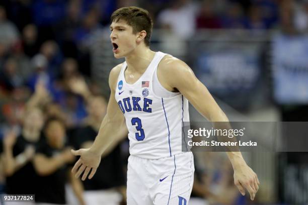 Grayson Allen of the Duke Blue Devils reacts against the Syracuse Orange during the first half in the 2018 NCAA Men's Basketball Tournament Midwest...