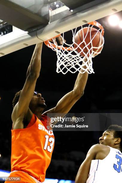 Paschal Chukwu of the Syracuse Orange dunks the ball against the Duke Blue Devils during the first half in the 2018 NCAA Men's Basketball Tournament...