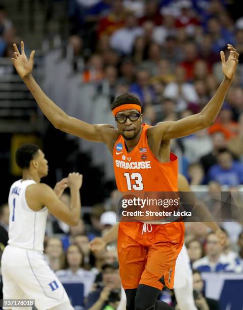 Paschal Chukwu of the Syracuse Orange reacts after a basket against the Duke Blue Devils during the first half in the 2018 NCAA Men's Basketball...