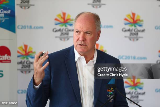 Mark Peters, CEO of the Gold Coast 2018 Commonwealth Games Corporation speaks during the Lawn Bowls Showcase ahead of the 2018 Gold Coast...