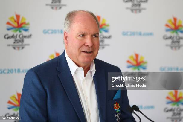 Mark Peters, CEO of the Gold Coast 2018 Commonwealth Games Corporation speaks during the Lawn Bowls Showcase ahead of the 2018 Gold Coast...