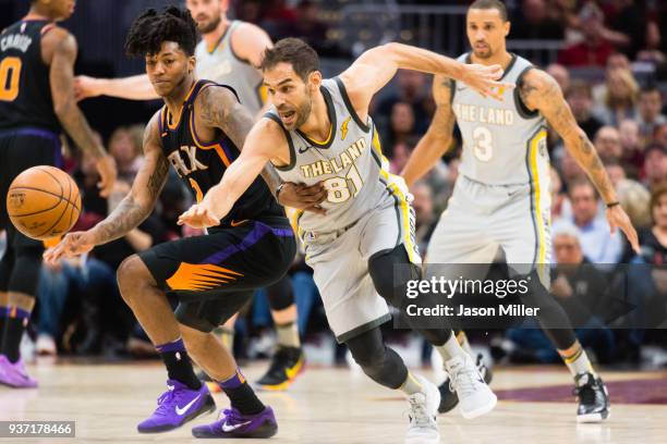 Elfrid Payton of the Phoenix Suns and Jose Calderon of the Cleveland Cavaliers fight for a loose ball during the first half at Quicken Loans Arena on...