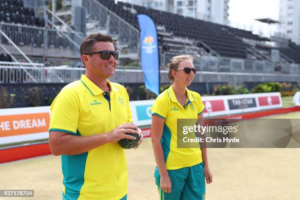 Aron Sherriff and Kelsey Cottrell of Australia during the Lawn Bowls Showcase ahead of the 2018 Gold Coast Commonwealth Games at Broadbeach Bowls...