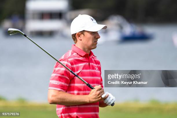 Jordan Spieth reacts to his approach shot on the 14th hole during round three of the World Golf Championships-Dell Technologies Match Play at Austin...