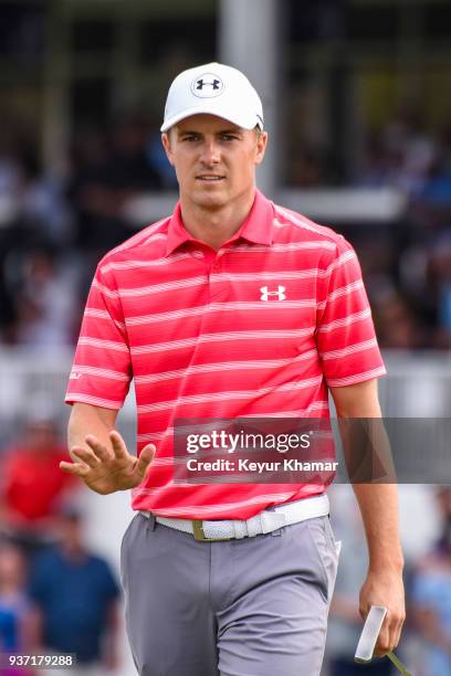 Jordan Spieth reacts to his putt on the 15th hole green during round three of the World Golf Championships-Dell Technologies Match Play at Austin...