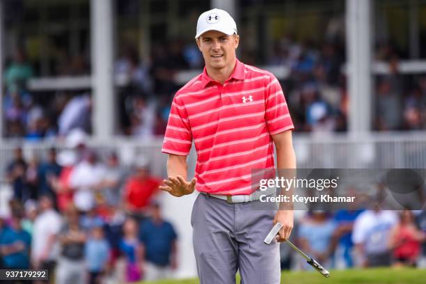 Jordan Spieth reacts to his putt on the 15th hole green during round three of the World Golf Championships-Dell Technologies Match Play at Austin...