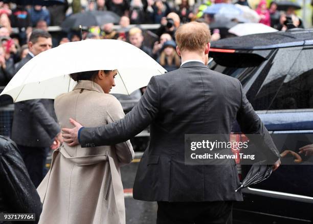 Meghan Markle and Prince Harry meet members of the public after they leave the Crown Liquor Saloon on March 23, 2018 in Belfast, Northern Ireland.