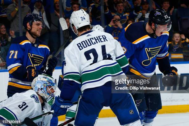 Dmitrij Jaskin and Vladimir Sobotka of the St. Louis Blues celebrate after Jaskin's goal against Anders Nilsson of the Vancouver Canucks at Scottrade...
