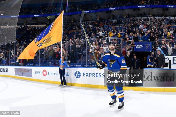 Patrik Berglund of the St. Louis Blues acknowledges the fans after the game against the Vancouver Canucks at Scottrade Center on March 23, 2018 in...