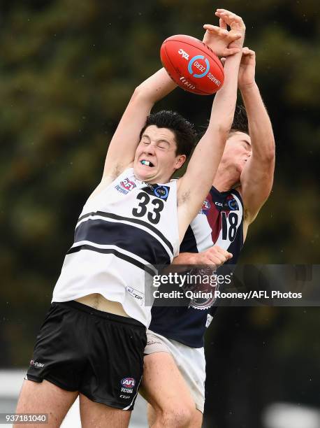 Joel Randall of the Knights marks during the round one TAC Cup match between Northern Knights and Sandringham at Frankston Oval on March 24, 2018 in...