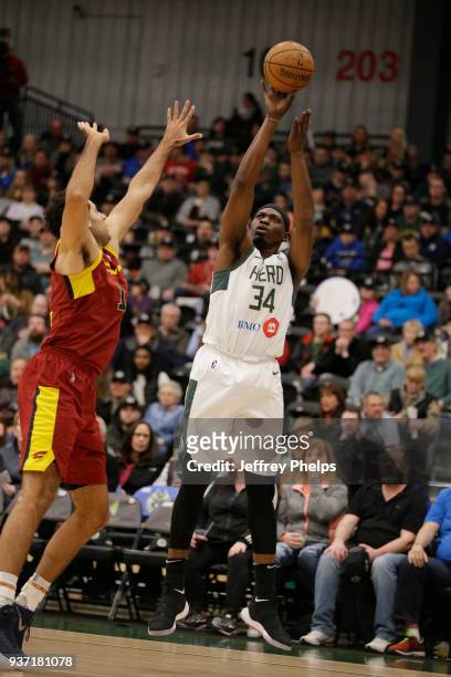 Michael Dunigan of the Wisconsin Herd shoots the ball against the Canton Charge during the NBA G-League game on March 23, 2018 at the Menominee...