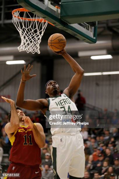 Michael Dunigan of the Wisconsin Herd drives to the basket against the Canton Charge during the NBA G-League game on March 23, 2018 at the Menominee...