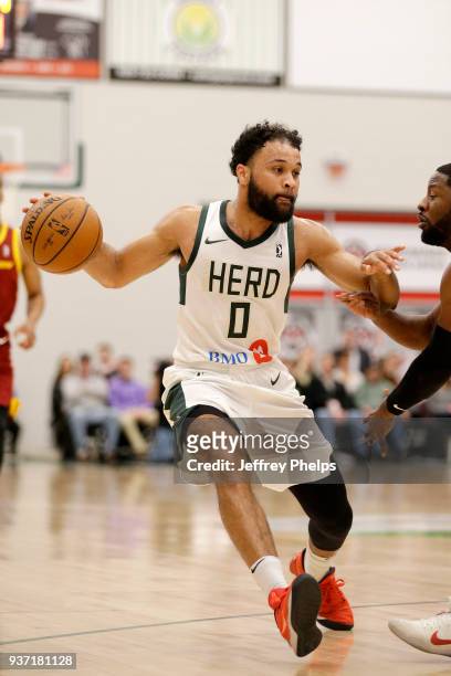 James Blackmon Jr. #0 of the Wisconsin Herd handles the ball against the Canton Charge during the NBA G-League game on March 23, 2018 at the...