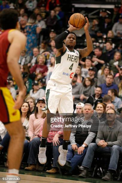 Jarvis Summers of the Wisconsin Herd shoots the ball against the Canton Charge during the NBA G-League game on March 23, 2018 at the Menominee Nation...