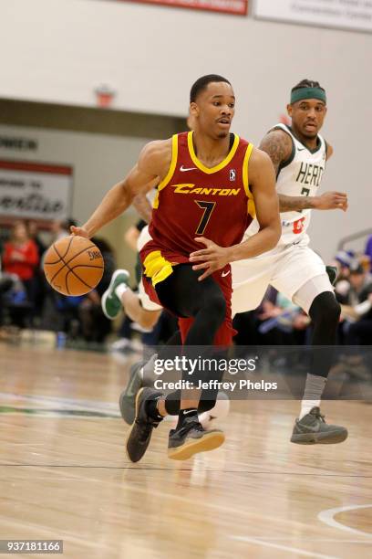 Stedmon Lemon of the Canton Charge handles the ball against the Wisconsin Herd during the NBA G-League game on March 23, 2018 at the Menominee Nation...