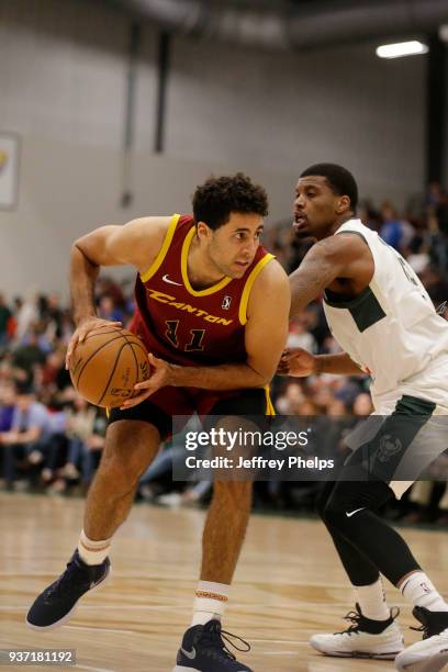 Grant Jerrett of the Canton Charge handles the ball against the Wisconsin Herd during the NBA G-League game on March 23, 2018 at the Menominee Nation...