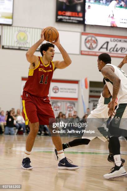 Grant Jerrett of the Canton Charge looks to pass the ball against the Wisconsin Herd during the NBA G-League game on March 23, 2018 at the Menominee...