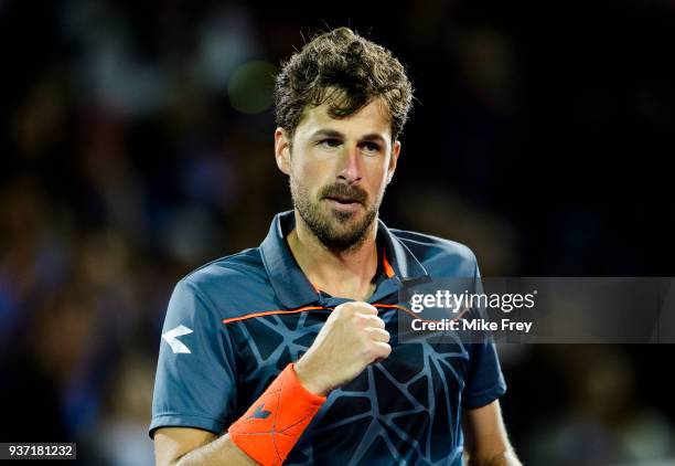 Robin Haase of the Netherlands celebrates after winning the second set during his match against Juan Martin Del Potro of Argentina during Day 5 of...