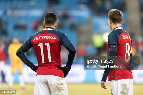 Mohamed Amine Elyounoussi, Stefan Johansen of Norway during International Friendly between Norway v Australia at Ullevaal Stadion on March 23, 2018...