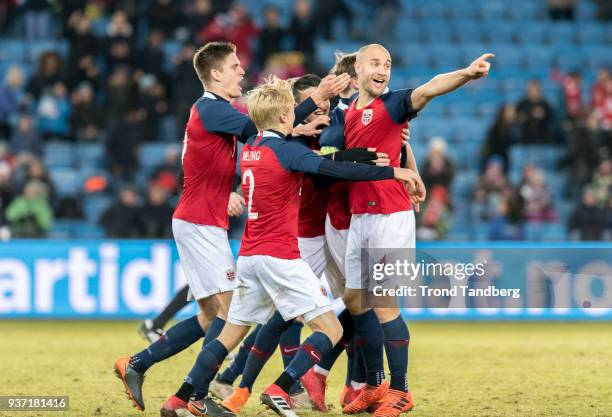 Tore Reginiussen, Birger Meling, Markus Henriksen of Norway during International Friendly between Norway v Australia at Ullevaal Stadion on March 23,...