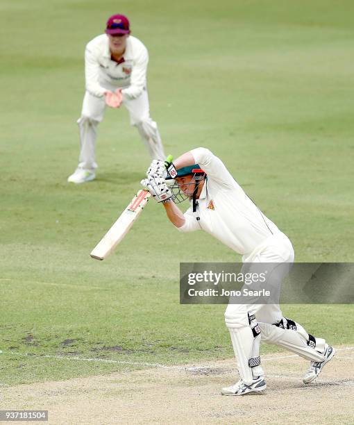 Tasmania player George Bailey plays a shot during day two of the Sheffield Shield Final match between Queensland and Tasmania at Allan Border Field...