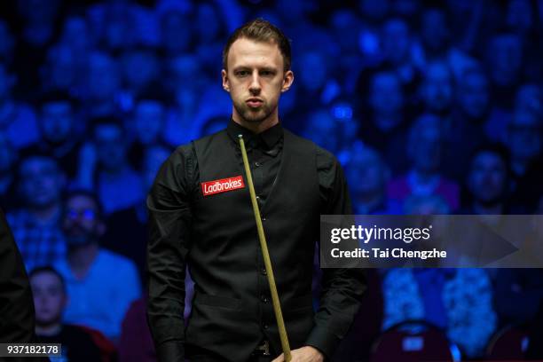 Judd Trump of England reacts during his semi-final match against Ronnie O'Sullivan of England on day five of 2018 Ladbrokes Players Championship at...