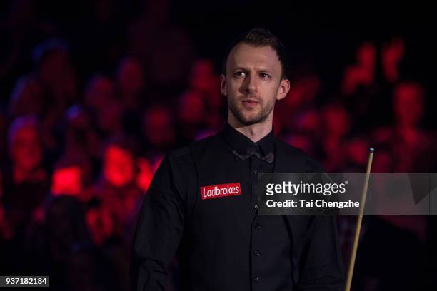 Judd Trump of England reacts during his semi-final match against Ronnie O'Sullivan of England on day five of 2018 Ladbrokes Players Championship at...
