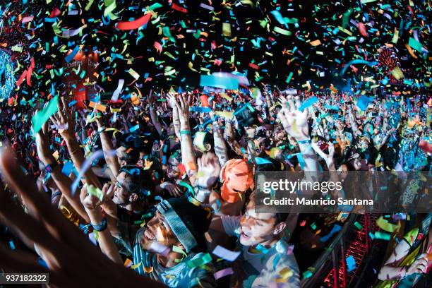 General view of the audience during Alok concert during the first day of Lollapalooza Brazil at Interlagos Racetrack on March 23, 2018 in Sao Paulo,...