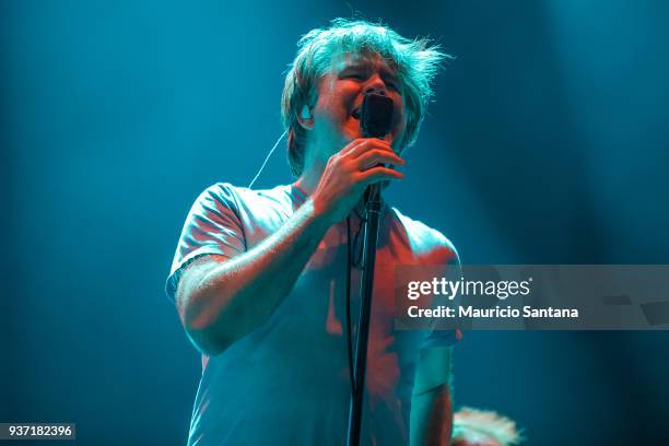 James Murphy singer member of the band LCD Soundsystem performs live on stage during the first day of Lollapalooza Brazil at Interlagos Racetrack on...