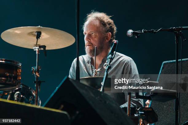 Pat Mahoney drummer member of the band LCD Soundsystem performs live on stage during the first day of Lollapalooza Brazil at Interlagos Racetrack on...