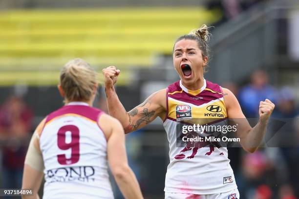 Jessica Wuetschner of the Lions celebrates after kicking a goal during the AFLW Grand Final match between the Western Bulldogs and the Brisbane Lions...