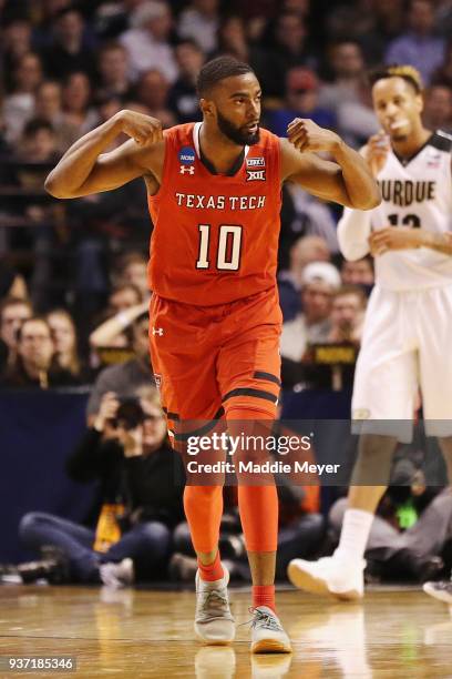 Niem Stevenson of the Texas Tech Red Raiders reacts during the first half against the Purdue Boilermakers in the 2018 NCAA Men's Basketball...